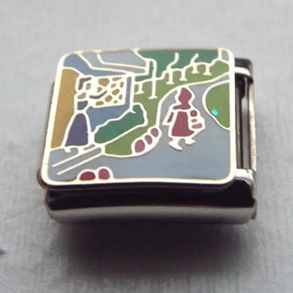 Red Riding Hood scene enamel 9mm stainless steel italian charm bracelet link new - Picture 1 of 2